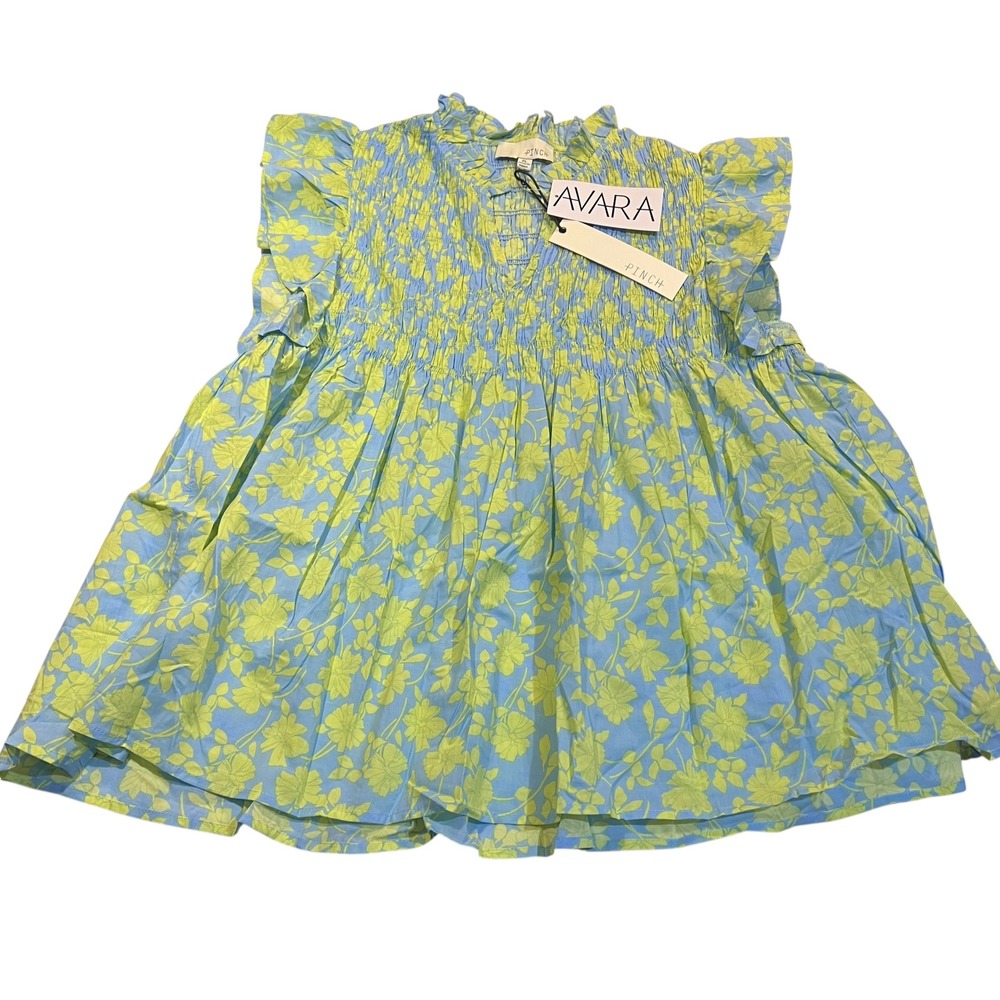 Pinch Avara Hope Top Pale Blue & Lime Green Floral Lightweight Ruffles XL New